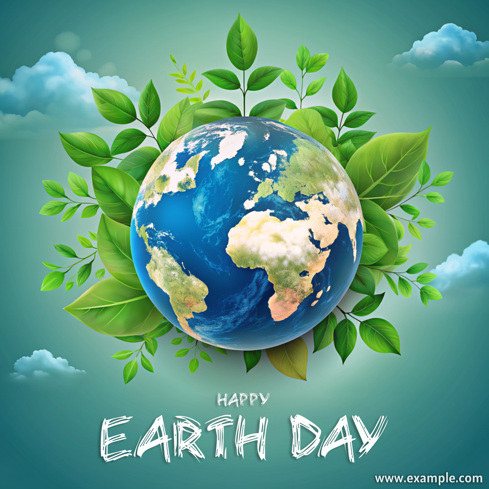 A poster for Earth Day with a green leafy background and a blue globe social media psd