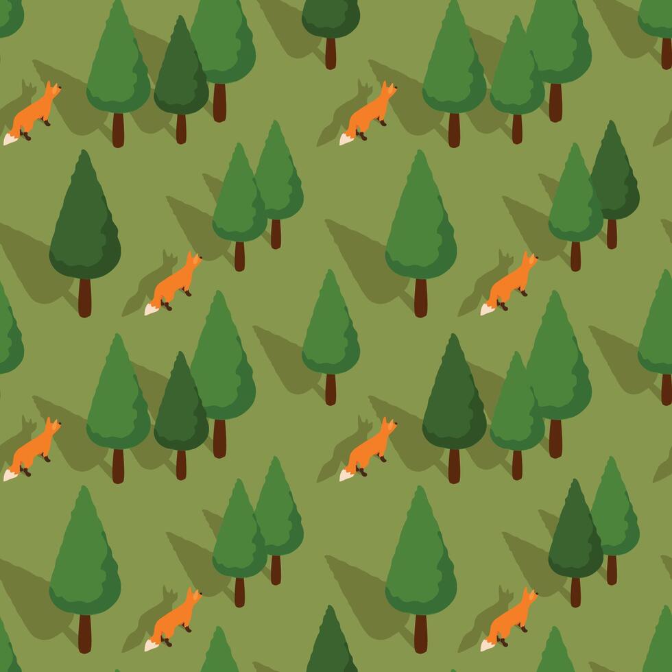 Isometric seamless pattern of a fox in a forest vector