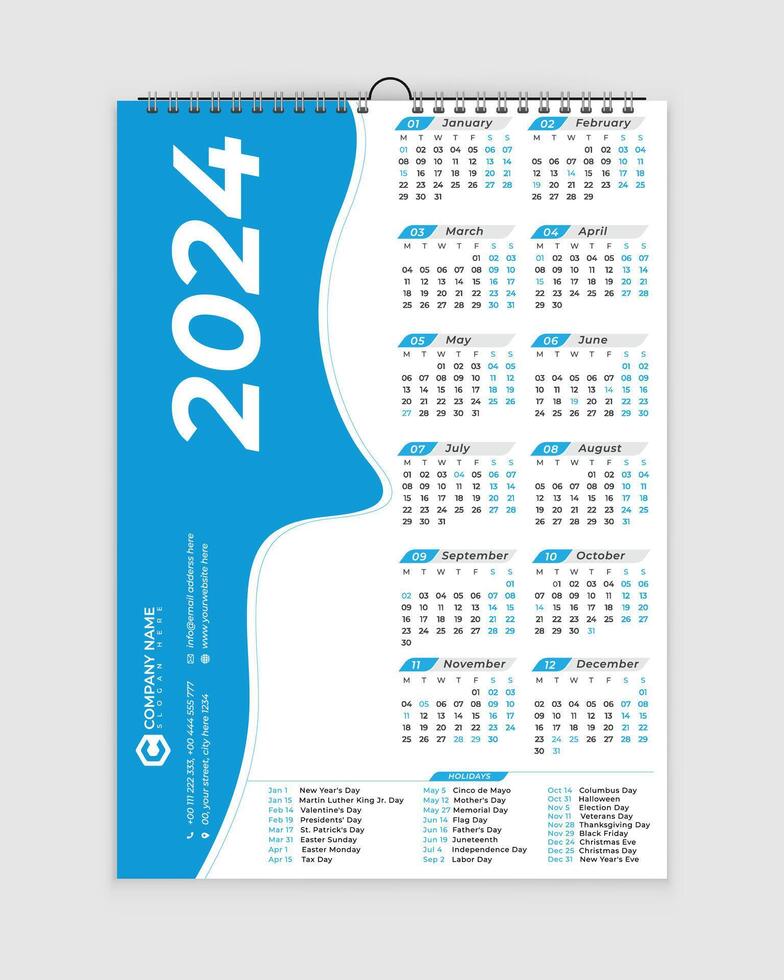 2024 Calendar - Wall calendar 2024 - one page calendar design - single page calendar - 12 months calendar design vector