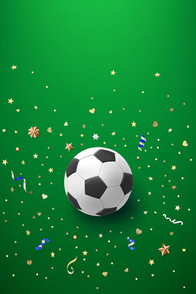 Soccer ball on green background with confetti. 3d banner with copy space vector