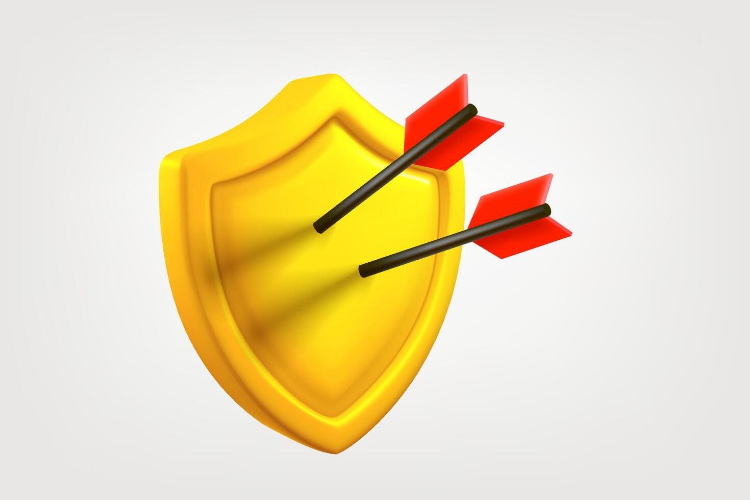 Golden shields with two arrows isolated on white background. 3d clipart vector