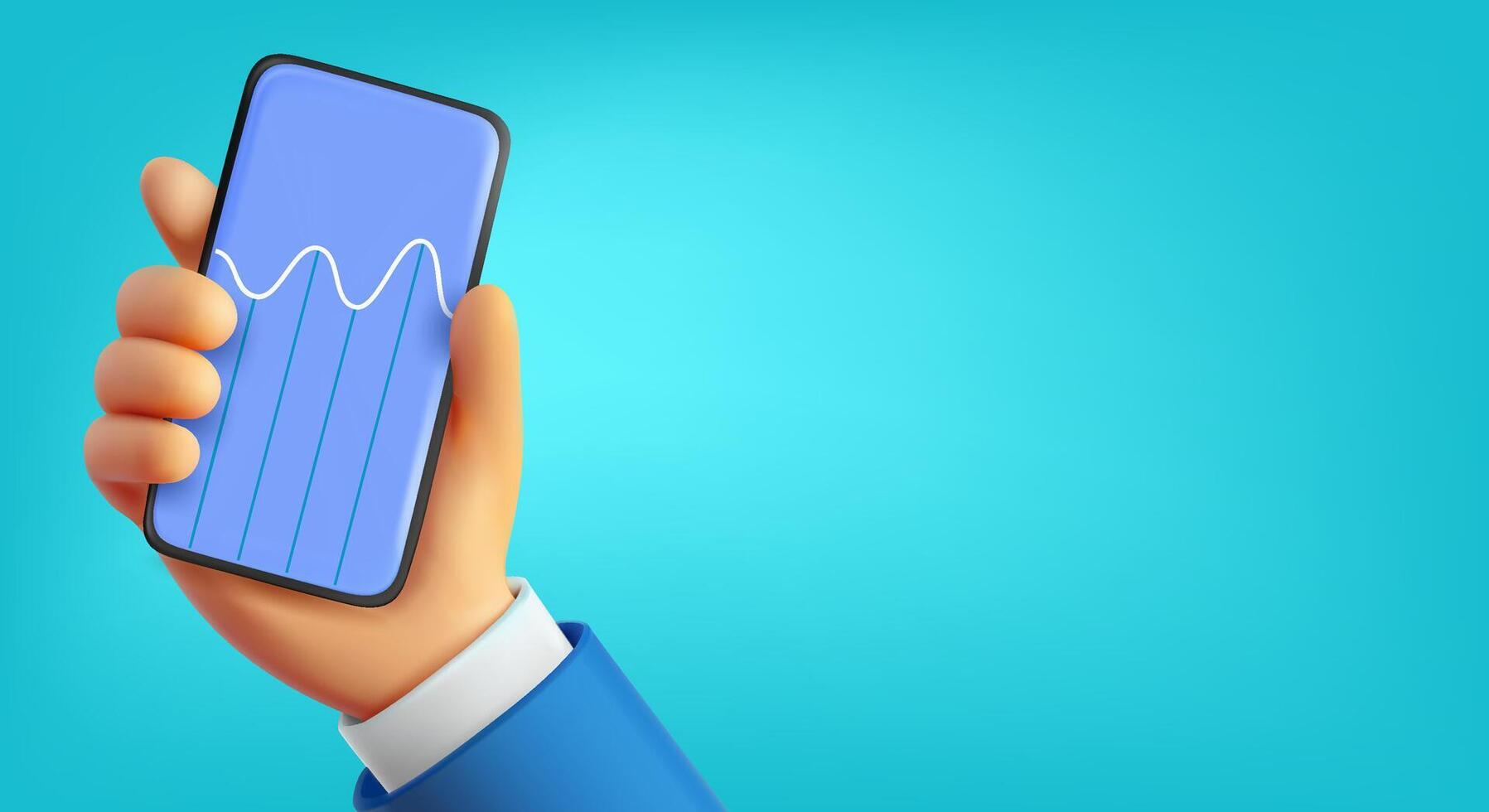 Man holding mobile phone with trading diagram. 3d banner with copy space vector