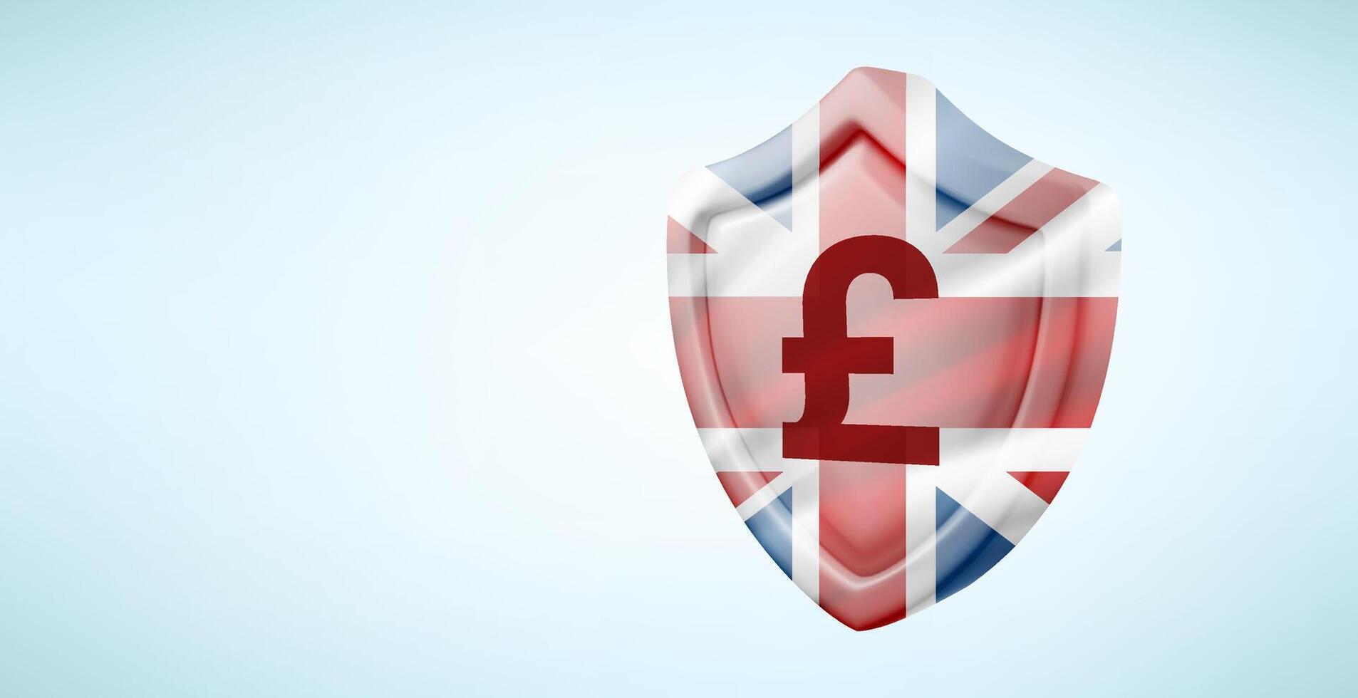 Metal shield with GBP currency sign isolated on white background. 3d banner with copy space vector