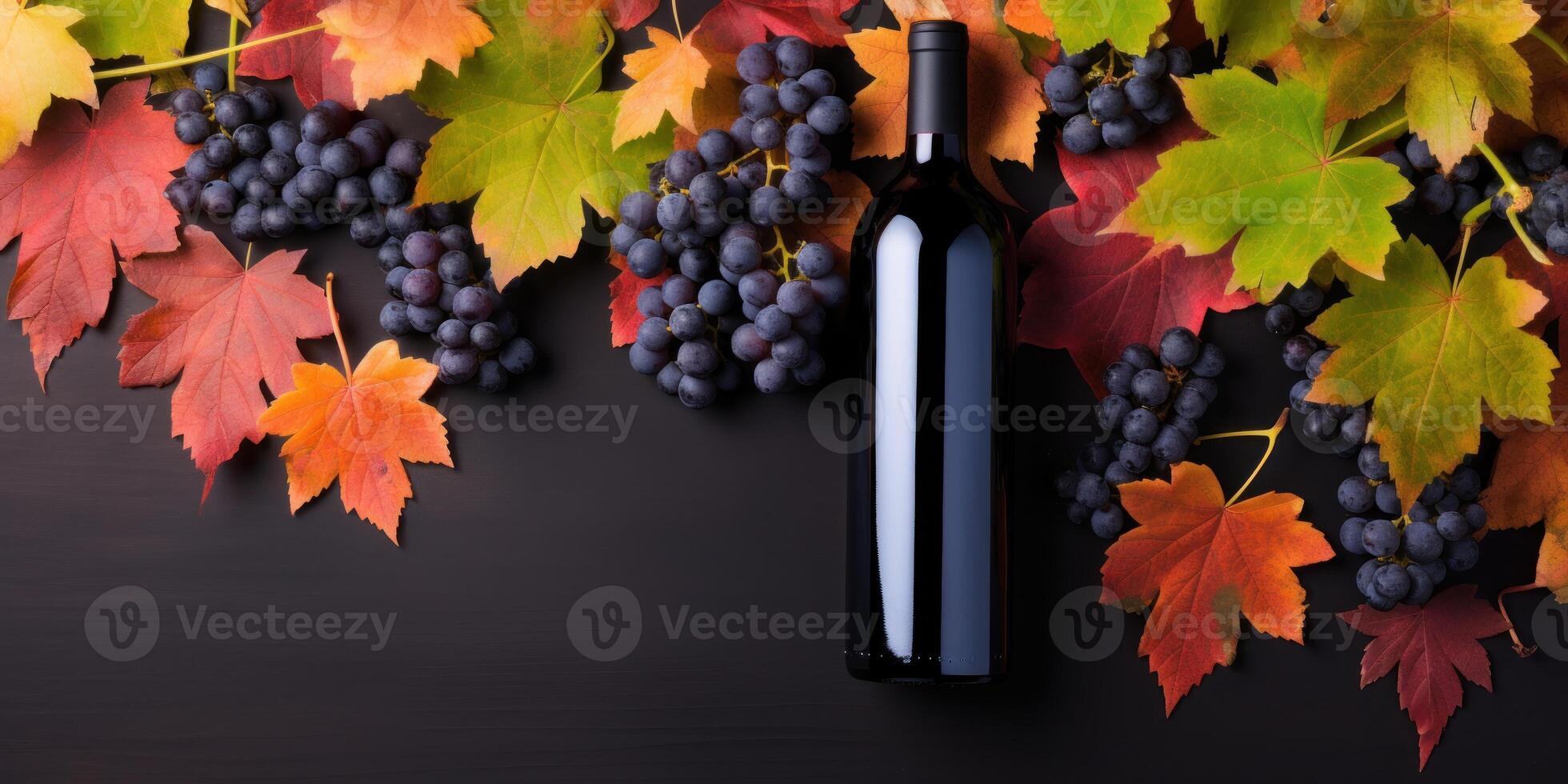AI Generated Wine Bottle With Grapes And Fall Leaves On Dark Background. Autumn Harvest. Generative AI photo