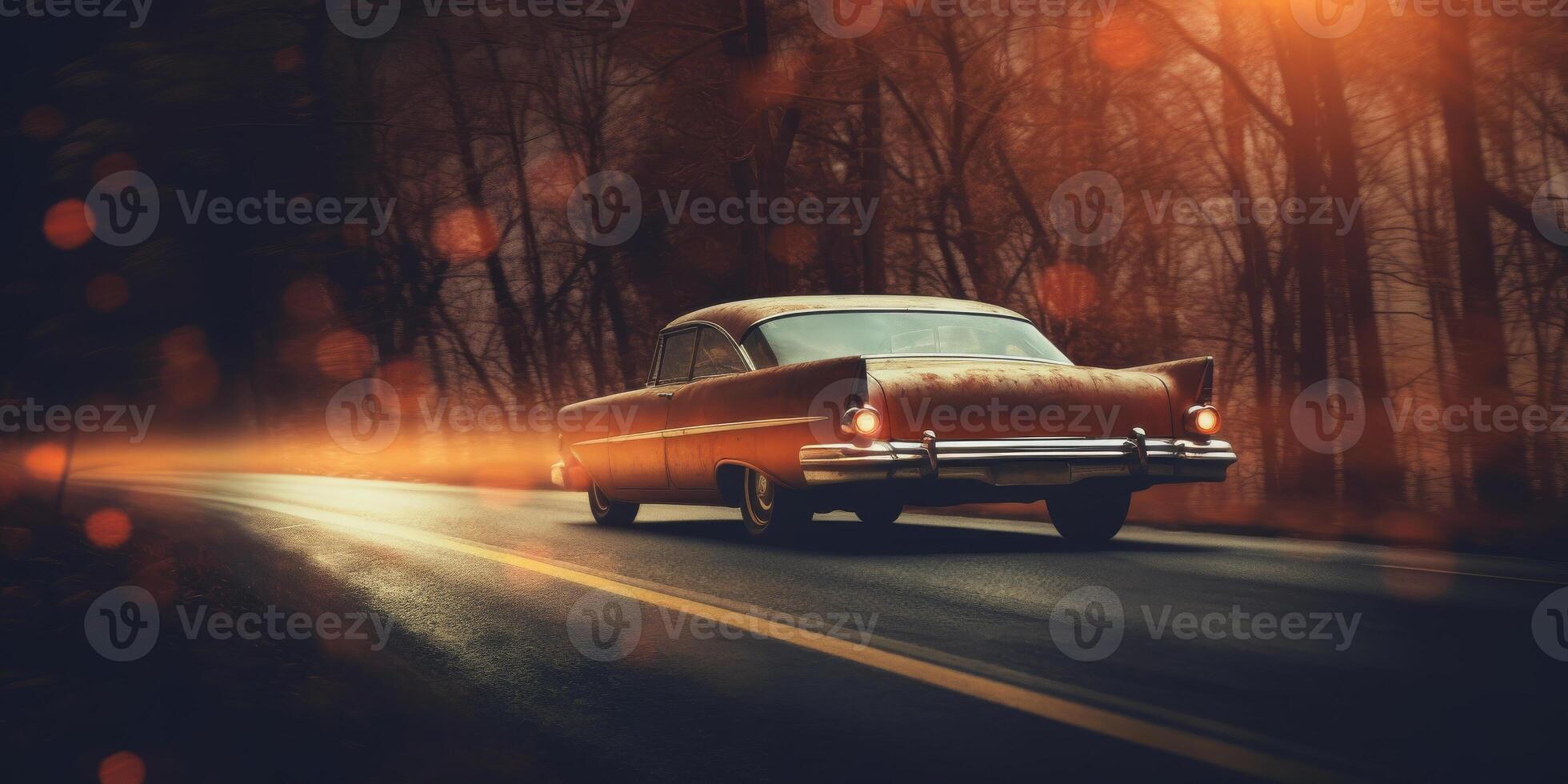 ai generado Clásico sedán coche viaje a puesta de sol en bosque la carretera en dorado noche ligero. antiguo coche en bosque camino a oscuridad. generativo ai foto