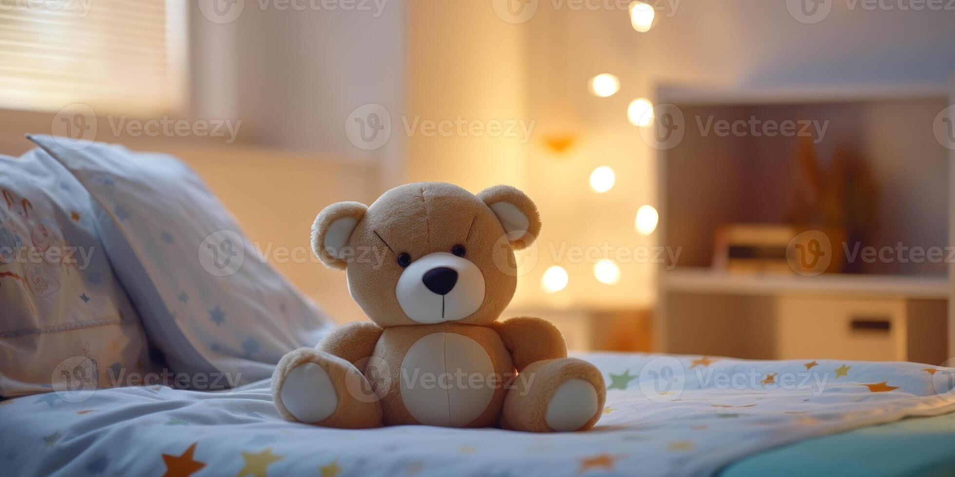 ai generado suave osito de peluche oso en estampado de estrellas colcha en niño dormitorio. acogedor niños habitación. felpa osito de peluche oso sentado en cama. generativo ai foto