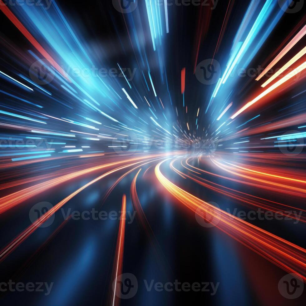 AI Generated Speed Of Light. Dynamic Streaks In Abstract Space. Intense Light Beams In Motion. Generative AI photo