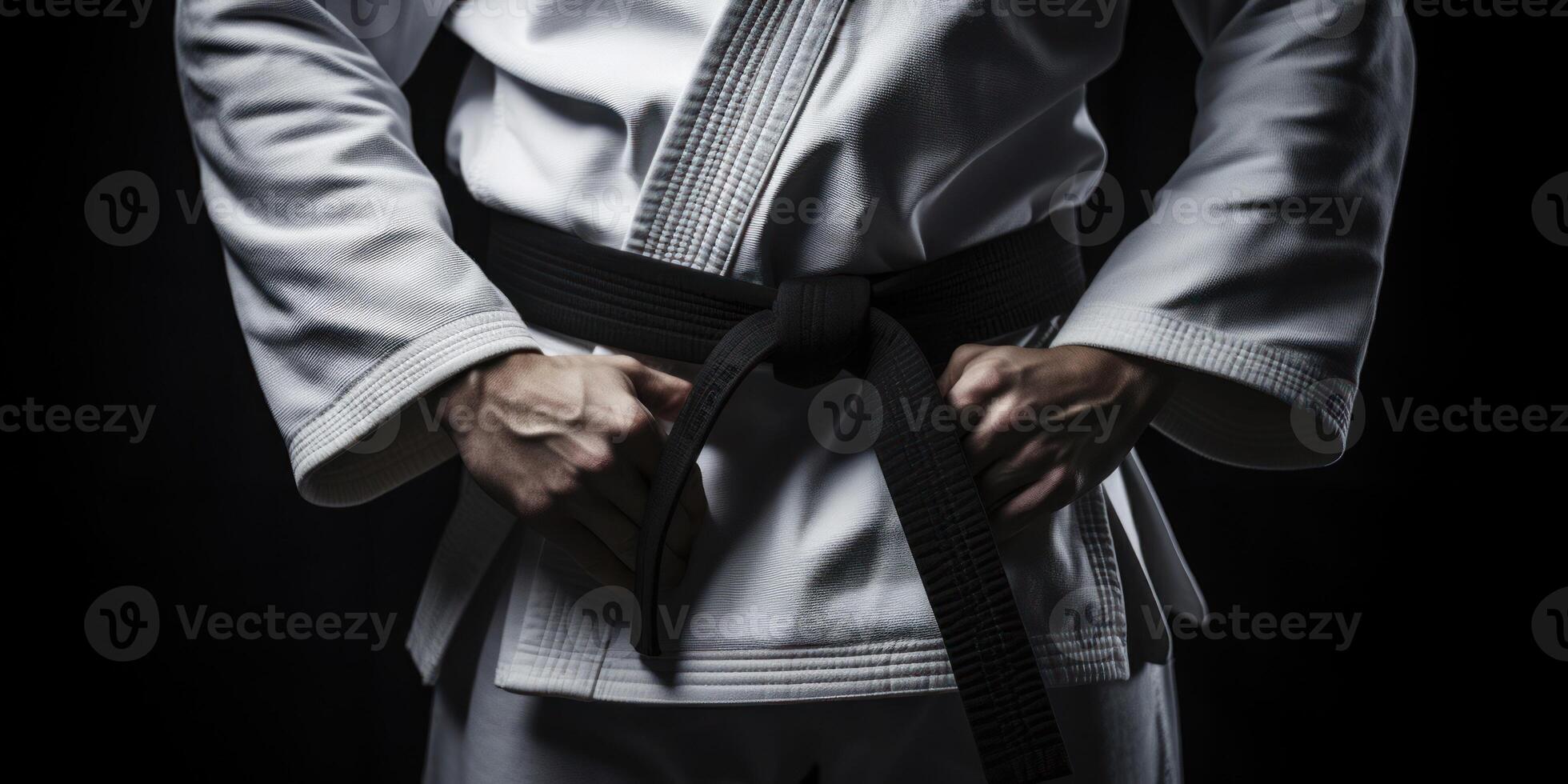 AI Generated Karate Practitioner Fastening Black Belt. Martial Artist Preparing For Training. Symbol Of Discipline. Generative AI photo