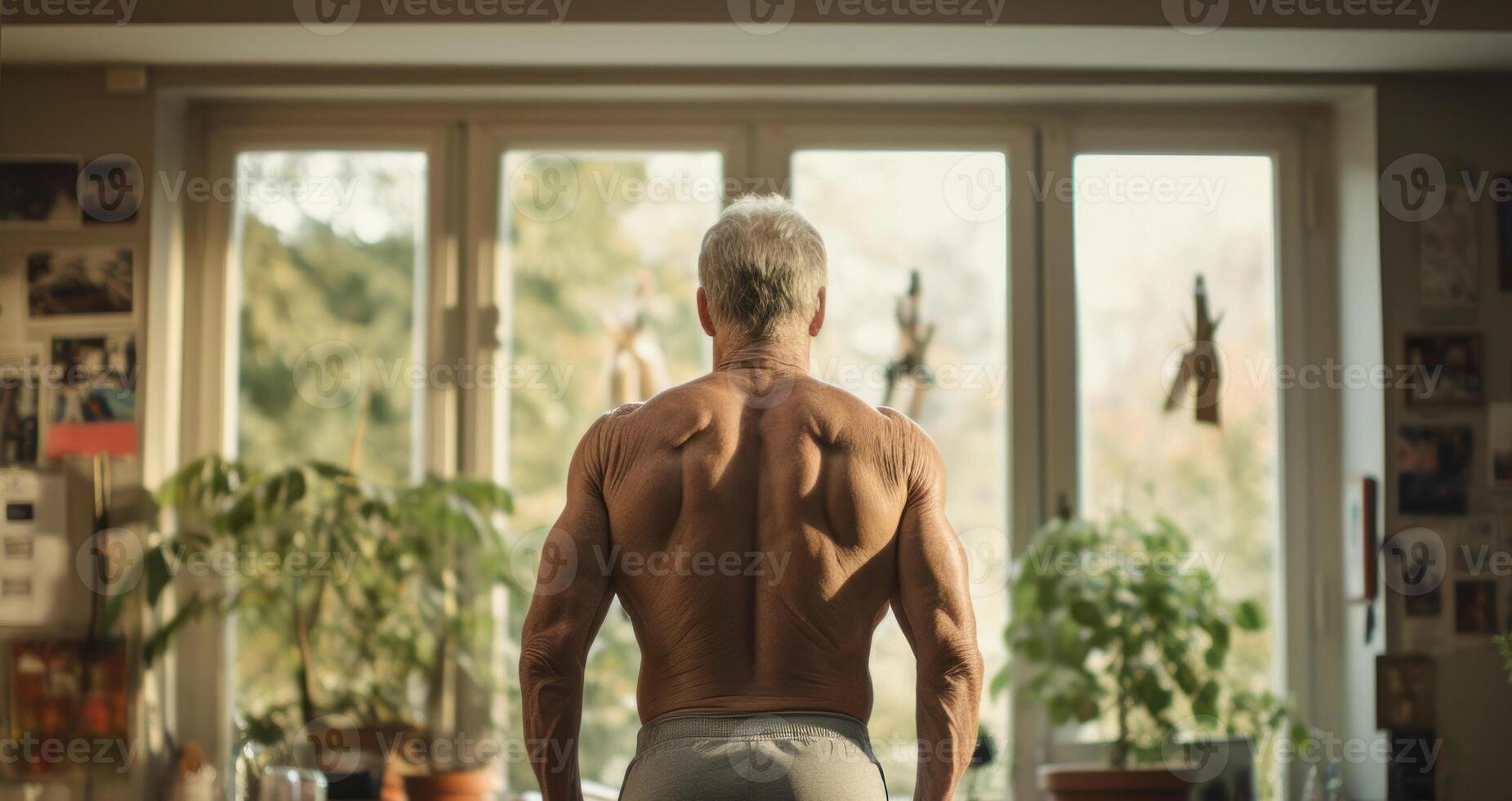 AI Generated Muscular Elderly Man Preparing To Train. Back View Of A Fit Senior Man At Home. Strength And Determination. Generative AI photo