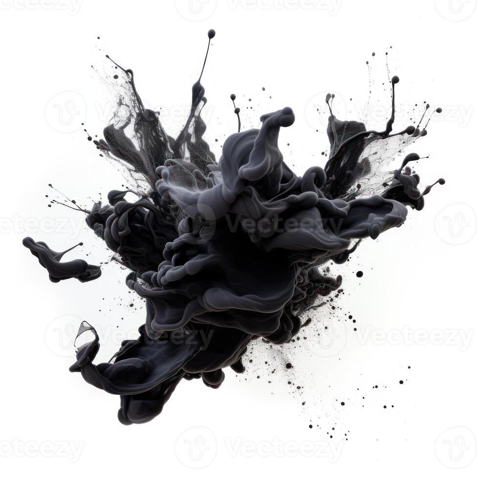 ai generado dinámica negro tinta chapoteo en blanco antecedentes. negro fluido explosión. resumen tinta salpicar Arte en movimiento. generativo ai foto