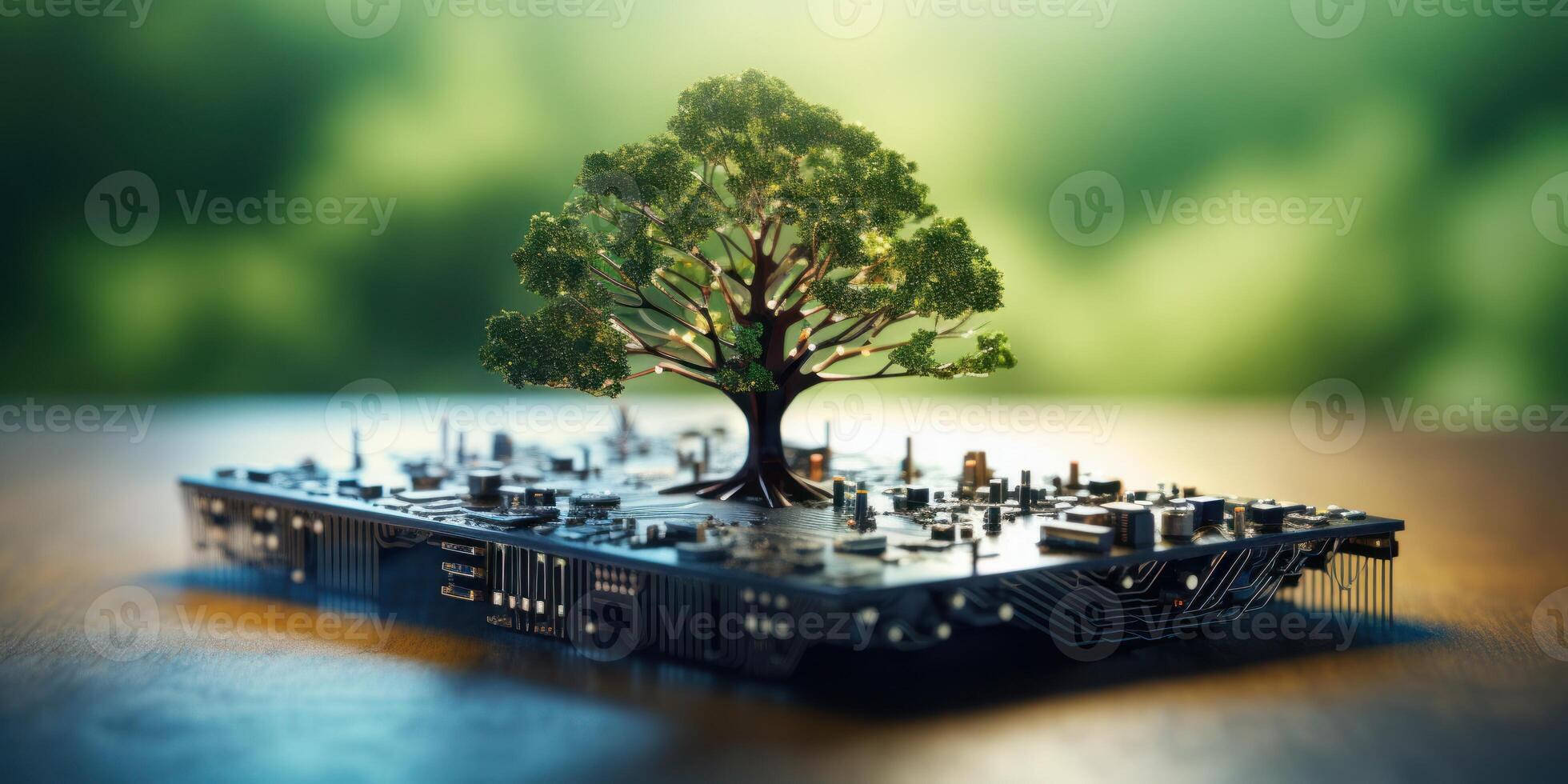 ai generado árbol creciente desde circuito electrónico tarjeta madre, símbolo de fusión de naturaleza y tecnología. Respetuoso del medio ambiente tecnología generativo ai foto