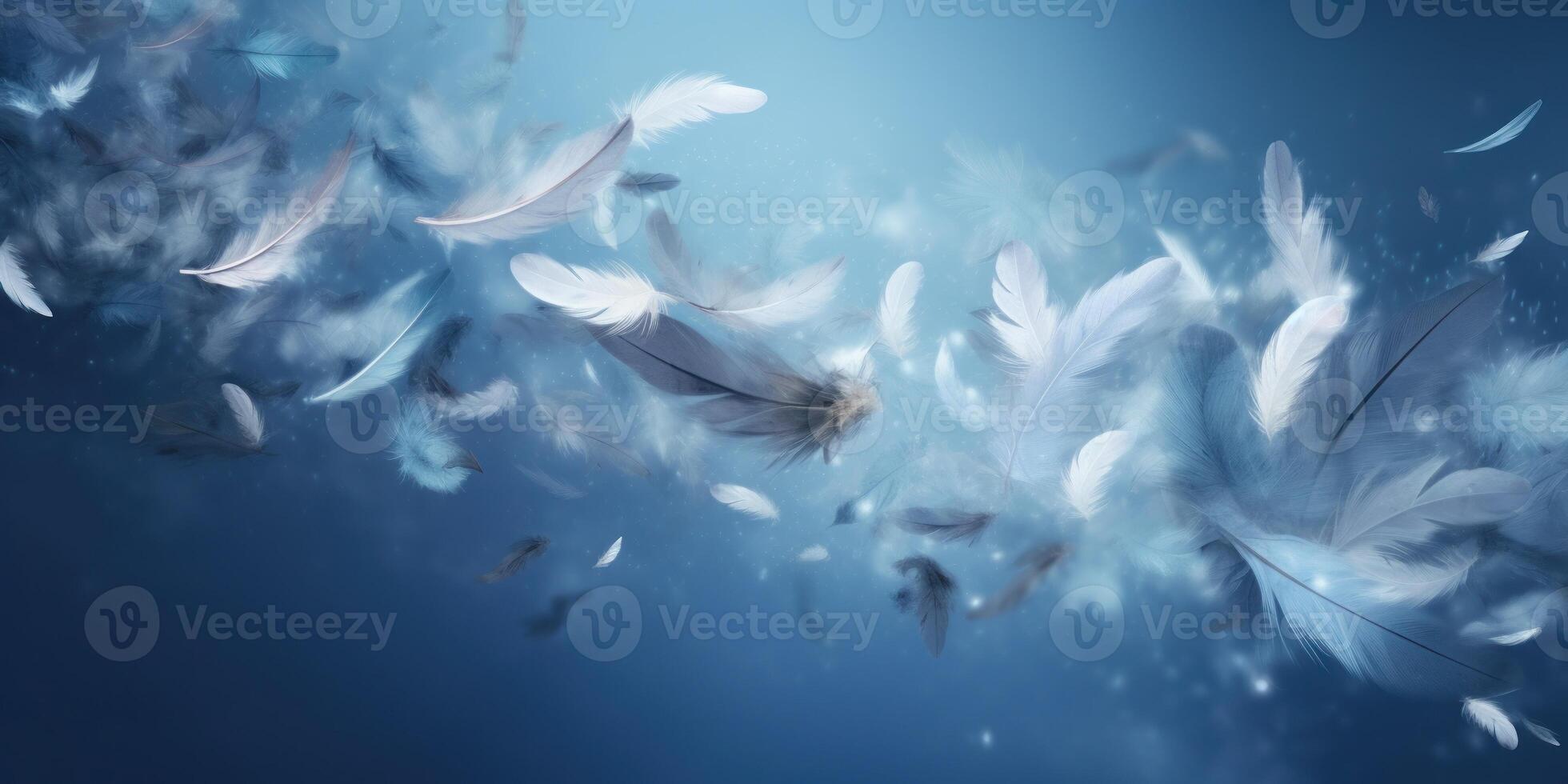 AI Generated Soft Feathers Floating On Gentle Blue Background. Harmony and Elegance. Delicate White Feathers. Generative AI photo