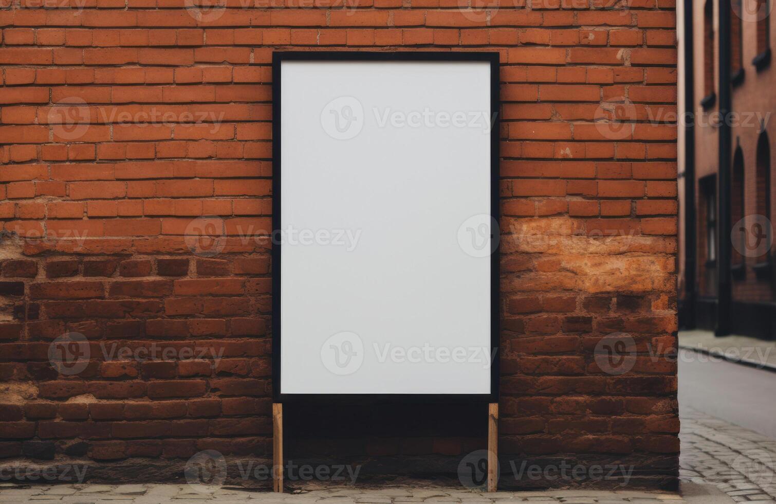 Blank Advertisement Billboard Mockup Against Brick Wall For Marketing. Outdoor Street Poster Display Empty Stand. photo