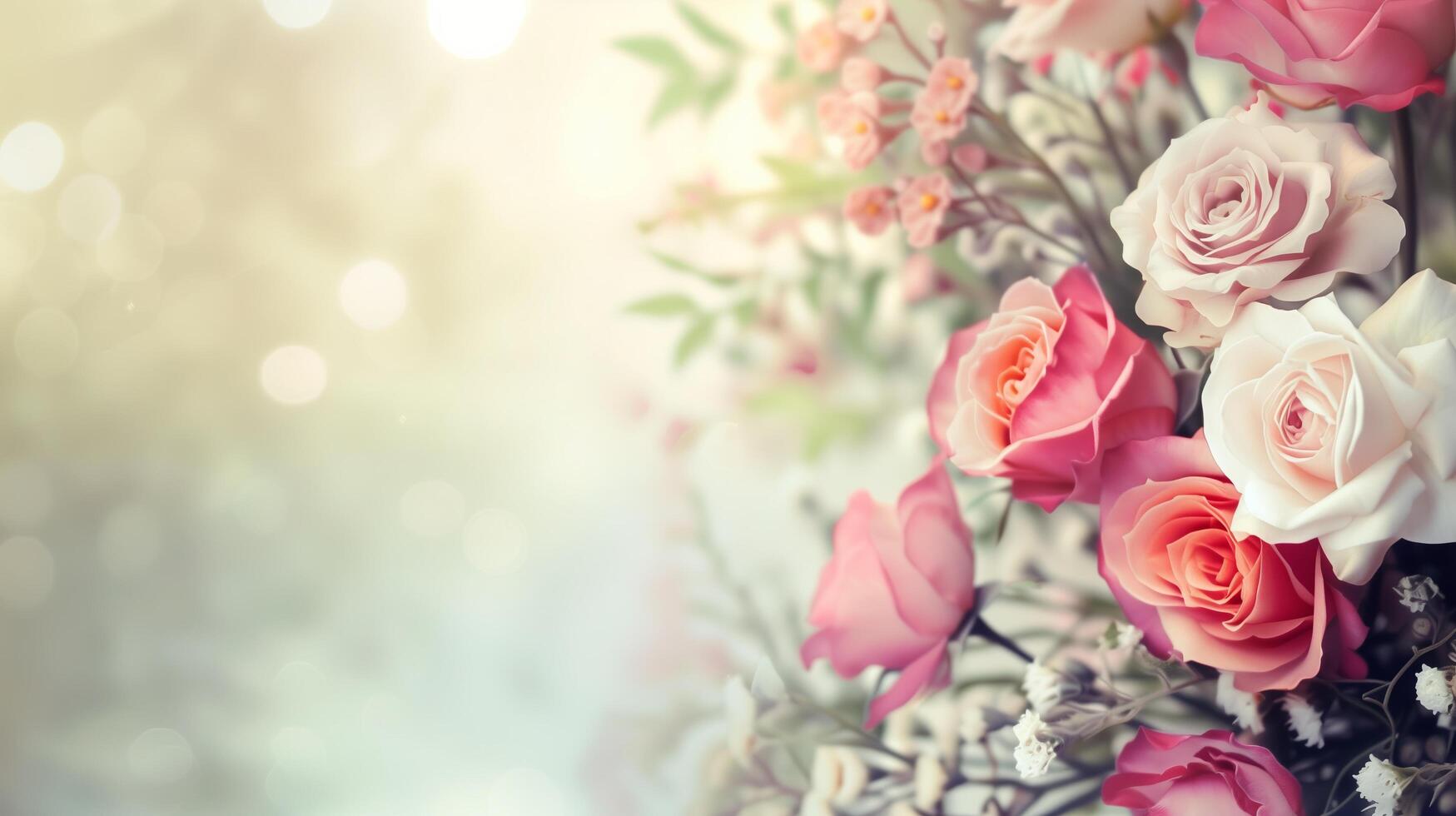 AI generated Pink and white roses bokeh background, perfect for greeting cards, wedding invitations, or floral themed designs photo