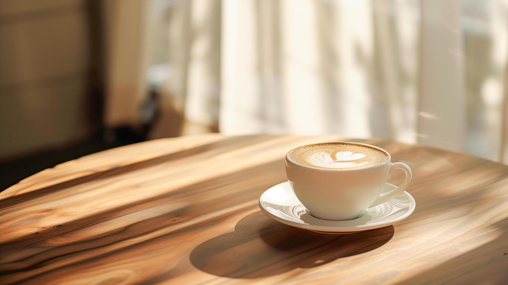 AI generated Coffee cup on wood table. Perfect for social media posts, blogs, and website headers to convey coziness and relaxation. photo