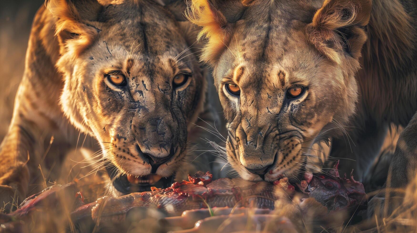 AI generated Lions feeding on a carcass in the grass with a large animal. Suitable for wildlife documentaries, educational materials, or conservation campaigns. photo