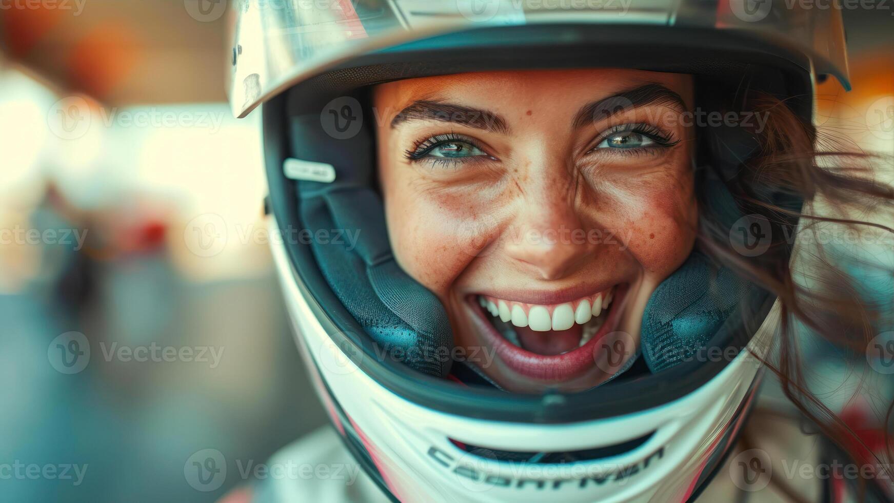 AI generated Close-up portrait of a smiling female motorcyclist wearing helmet. photo