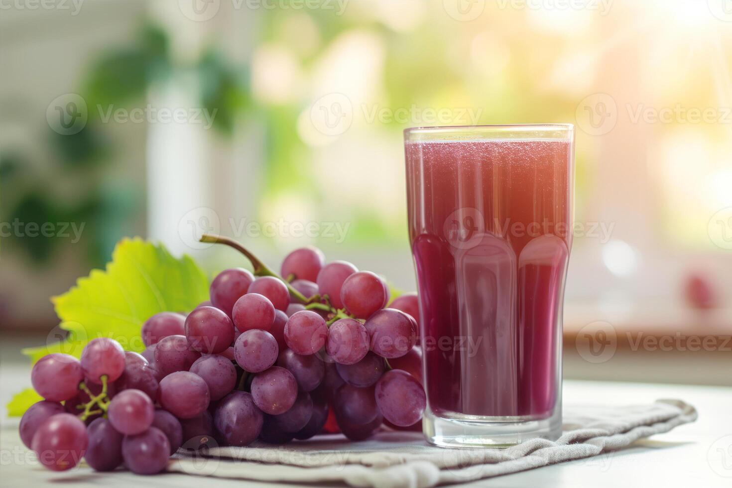 AI generated Grape juice in a glass and fresh grapes on the table. photo