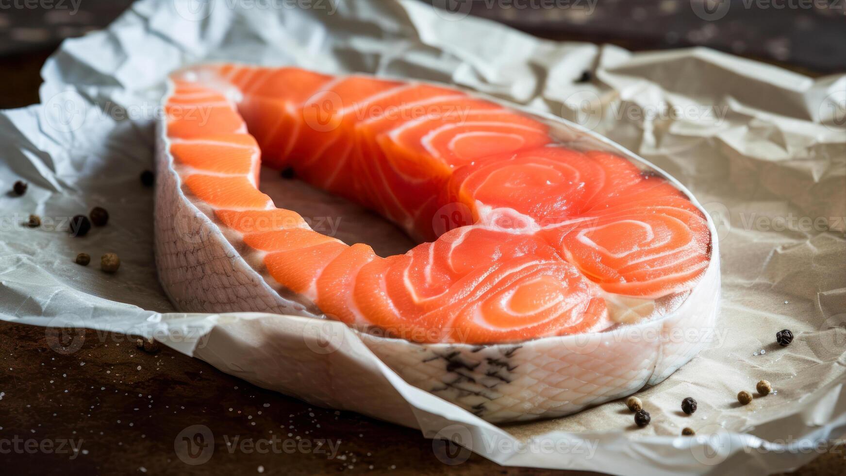ai generado crudo salmón pescado filete en horneando papel. selectivo enfocar. foto