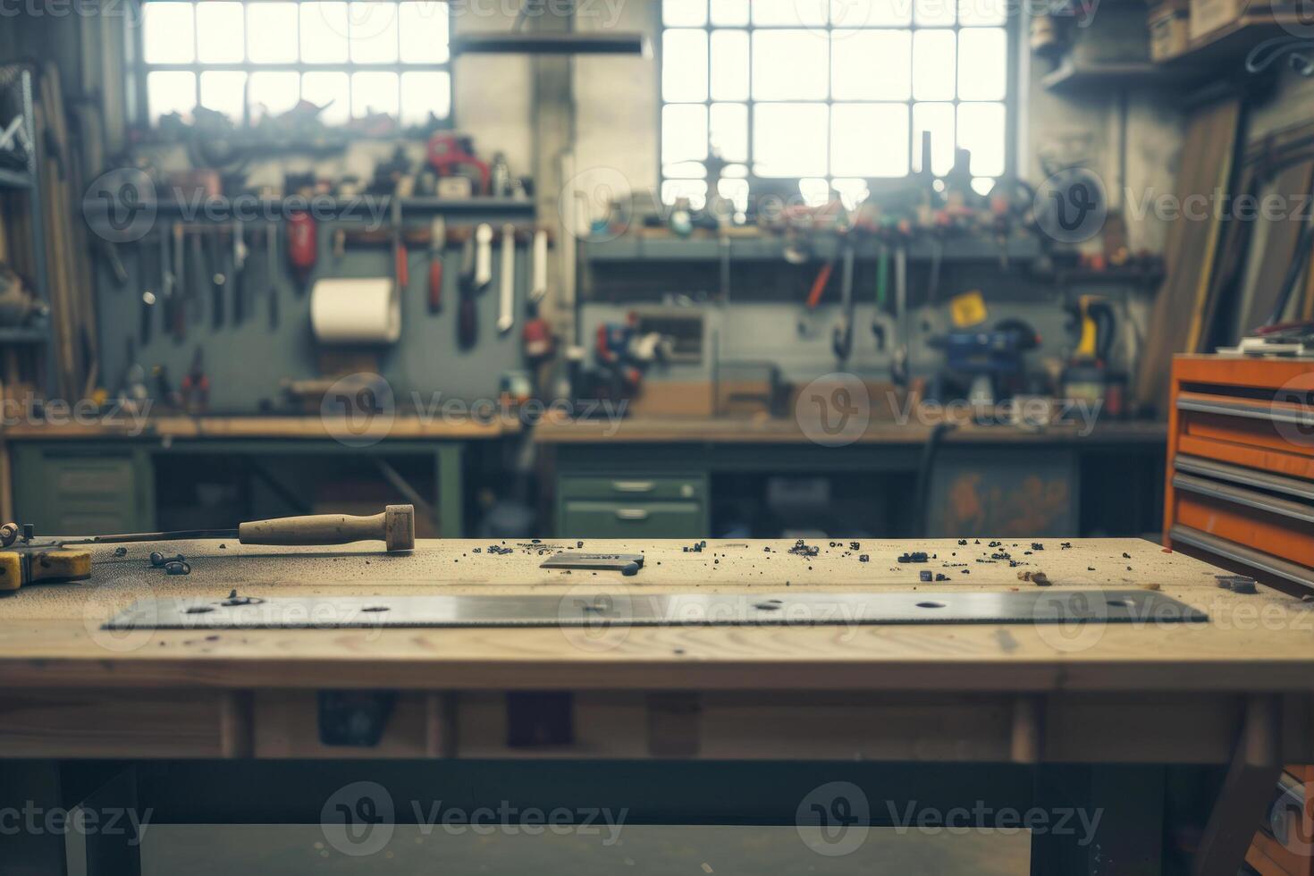 AI generated Close up of a wooden workbench in a carpentry workshop. photo