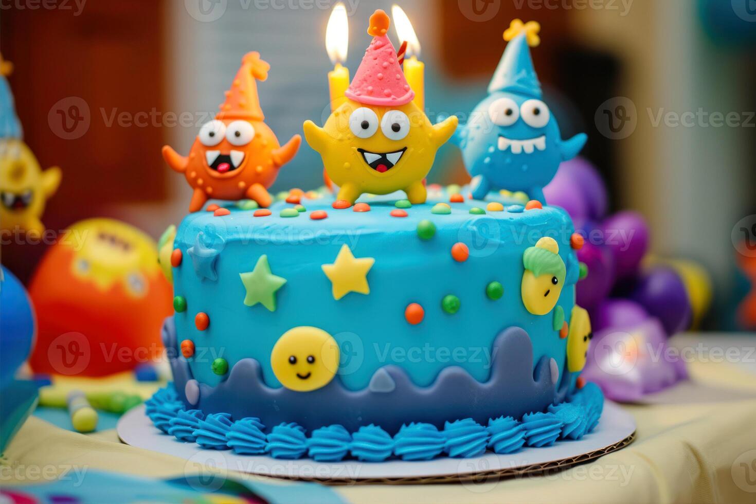 AI generated Birthday cake with funny monsters and candles on the table. Selective focus. photo