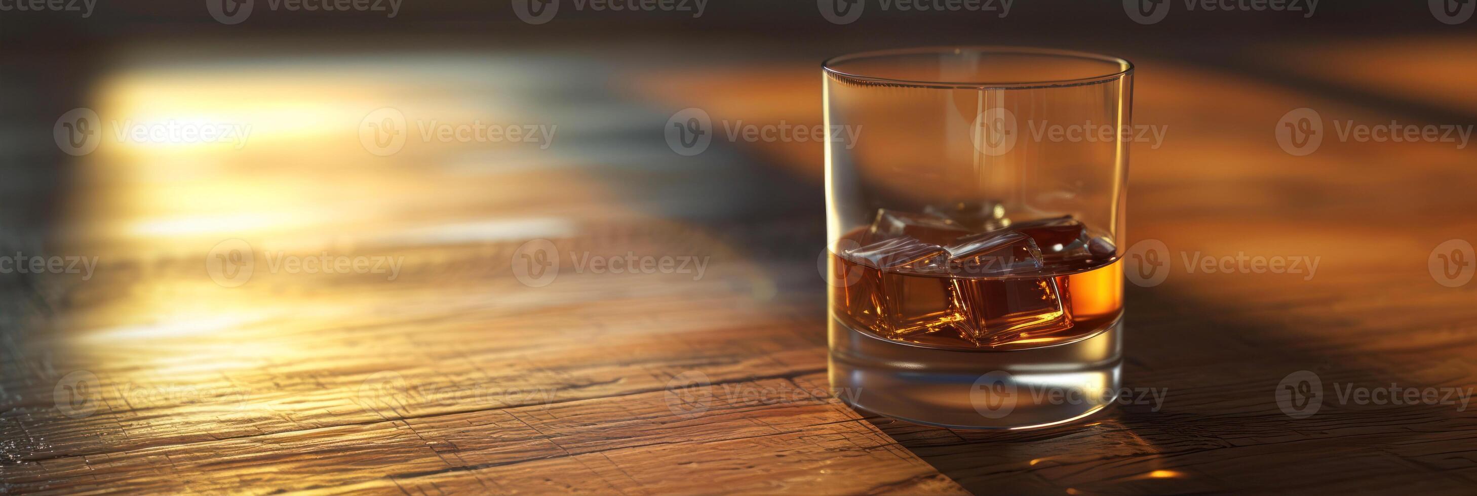 AI generated Glass of whiskey with ice cubes on wooden table, close-up photo