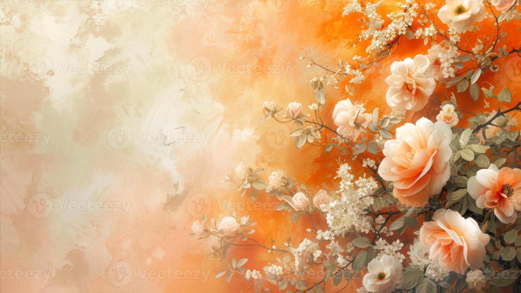 AI generated Floral background with blooming branch of apple tree and flowers. photo