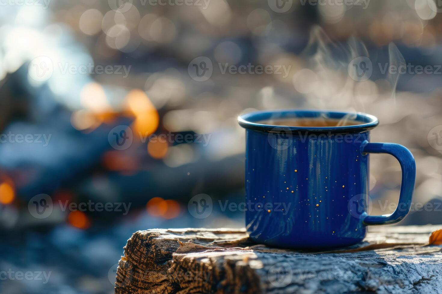AI generated Cup of coffee on a log on the background of a campfire. photo