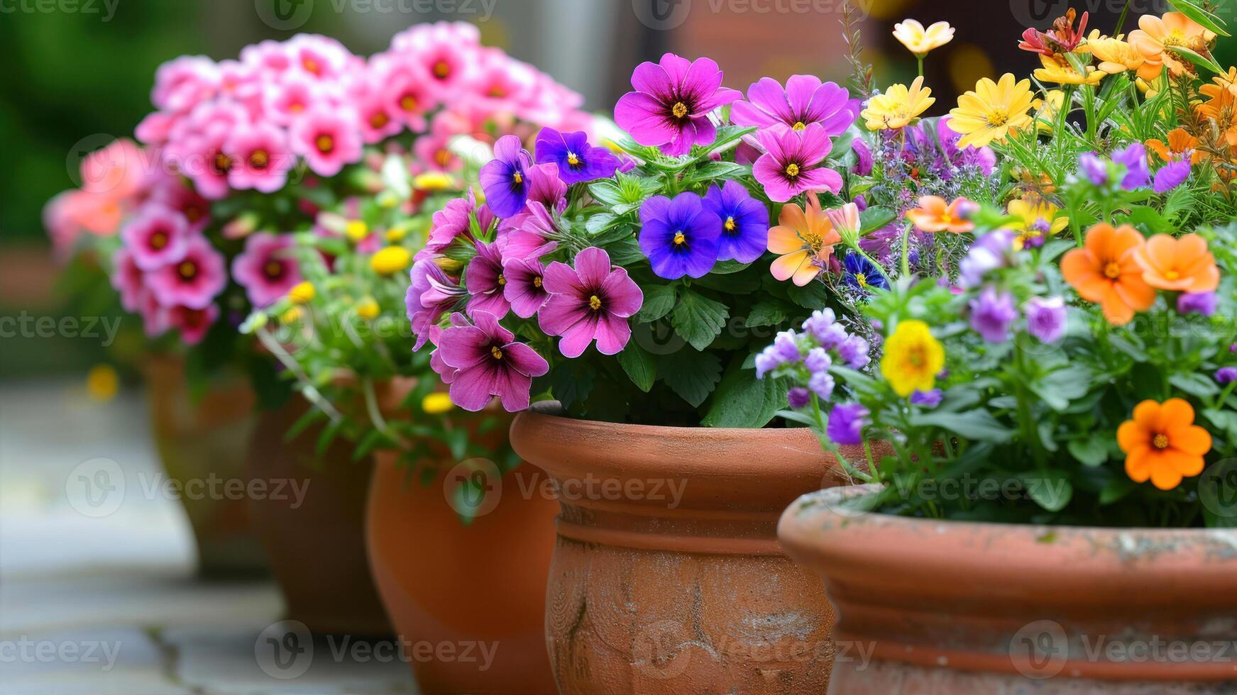 AI generated Beautiful spring flowers in terracotta pots on the terrace photo