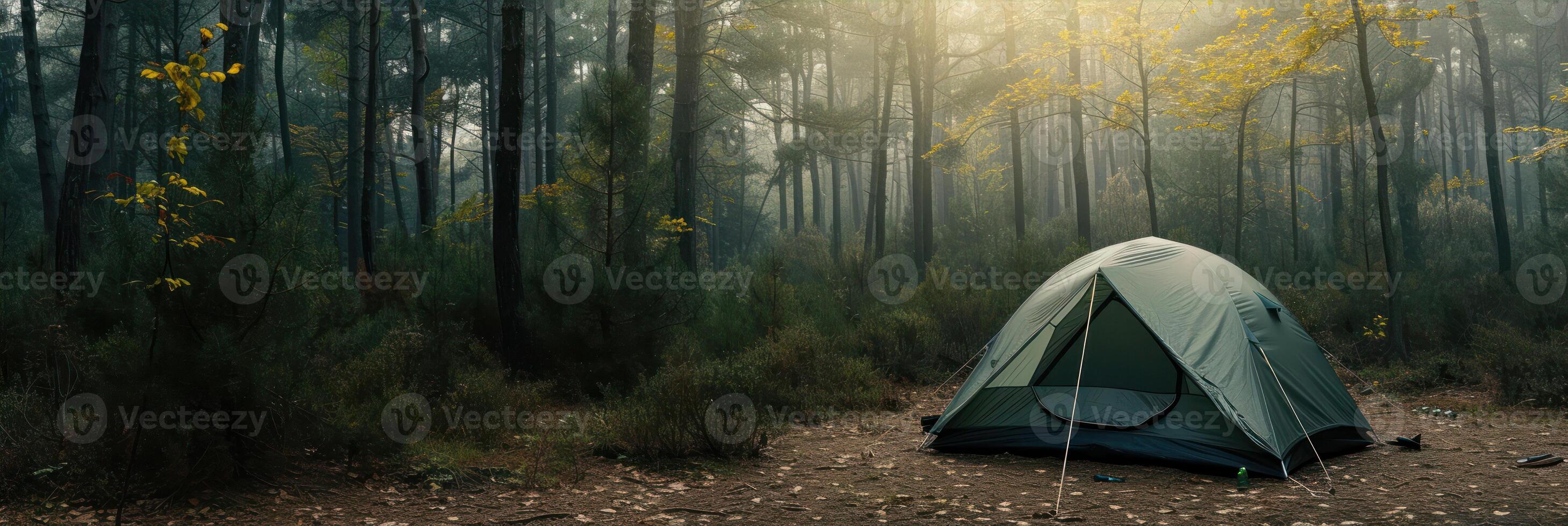 AI generated Tent in the pine forest. Camping in the forest. photo