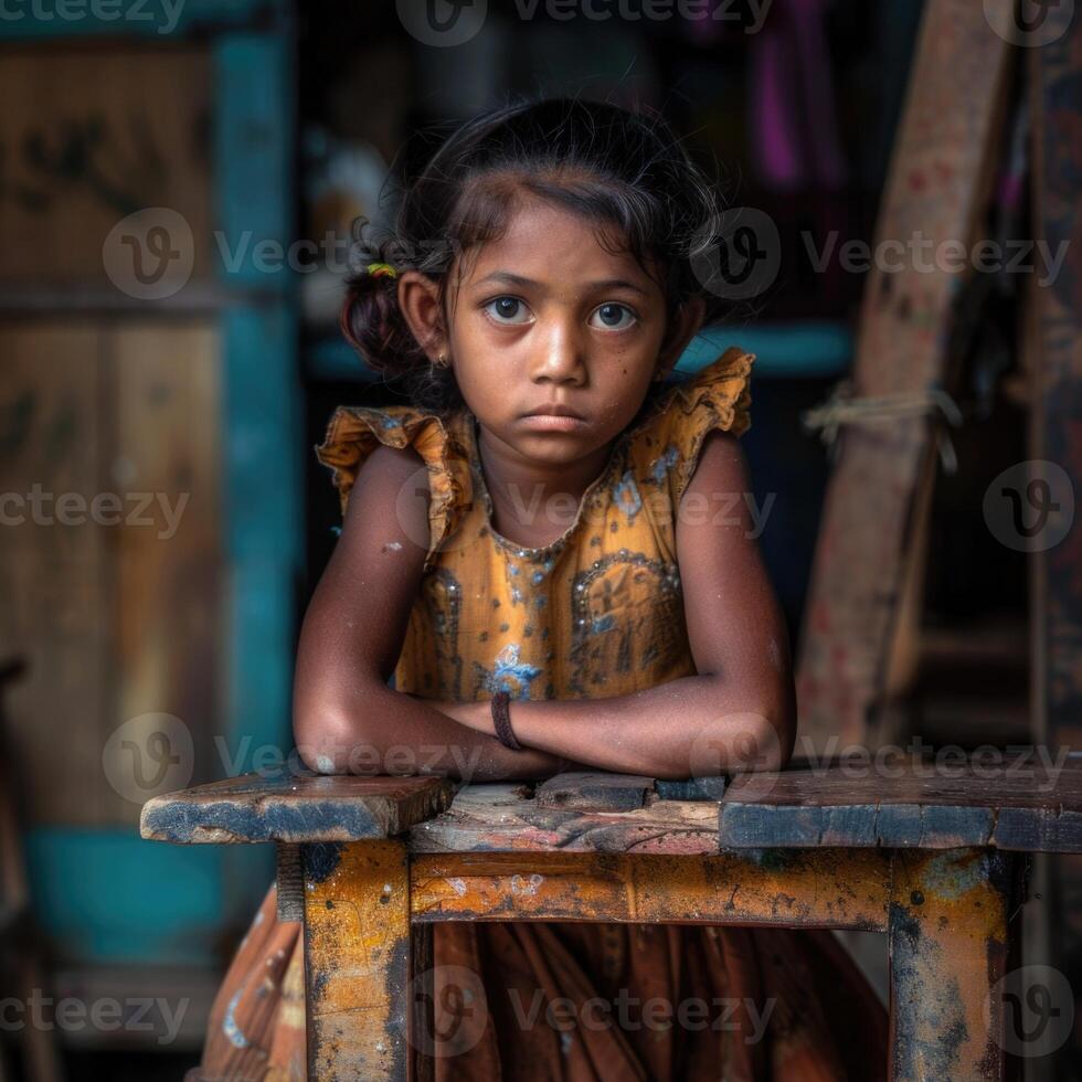 AI generated Orphanage child, a tender portrait of resilience and hope, the journey of children in need of care and support, shining a light on their strength and potential amidst adversity. photo