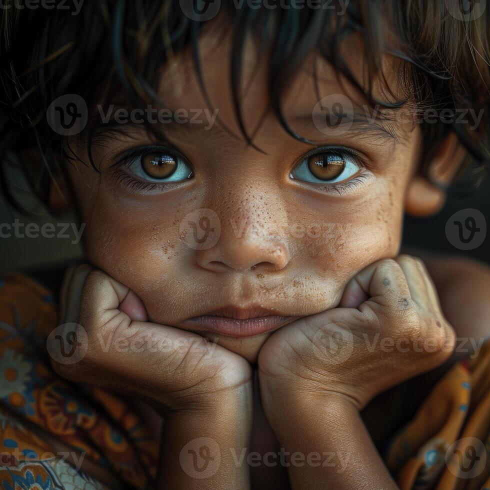 AI generated Orphanage child, a tender portrait of resilience and hope, the journey of children in need of care and support, shining a light on their strength and potential amidst adversity. photo