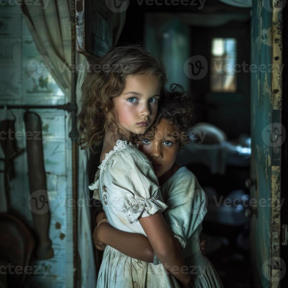 AI generated Orphanage child, a tender portrait of resilience and hope, the journey of children in need of care and support, shining a light on their strength and potential amidst adversity. photo