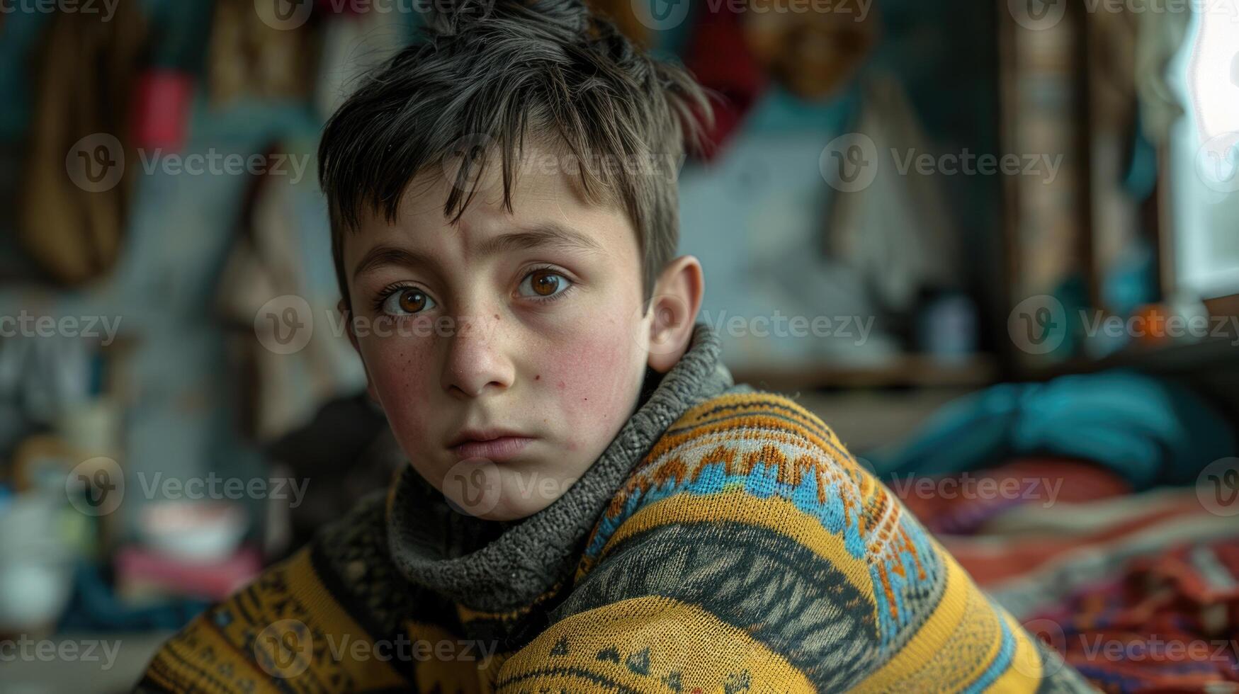 ai generado retrato de un huérfano, vida, luchas, y Resiliencia de un niño sin padres, navegando mediante retos con esperanza y determinación en un mundo de incertidumbre foto