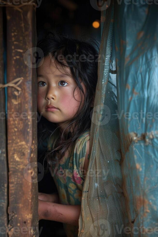 AI generated Orphanage child, a tender portrait of resilience and hope, the journey of children in need of care and support, shining a light on their strength and potential amidst adversity. photo