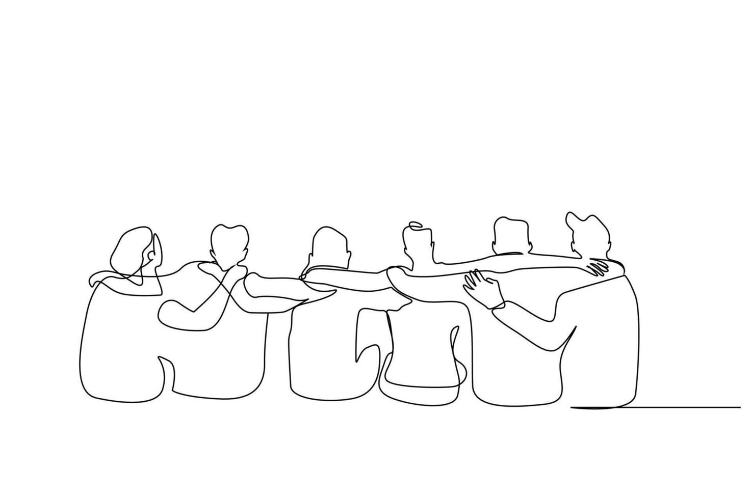 people friends happy hug together back behind rear view one line art design vector