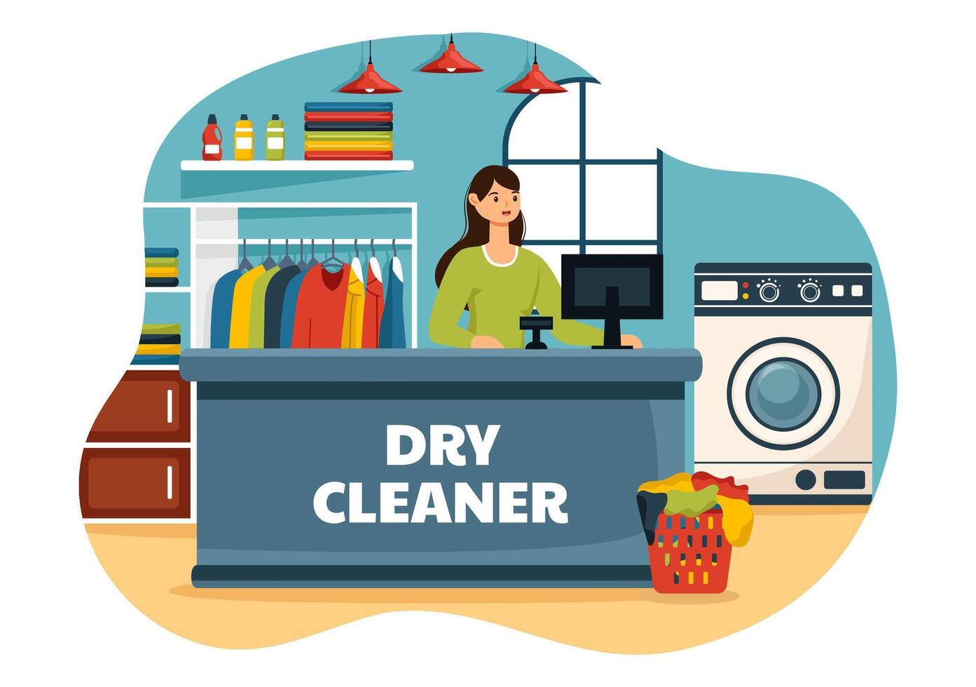 Dry Cleaning Store Service Illustration with Washing Machines, Dryers and Laundry for Clean Clothing in Flat Cartoon Background Design vector