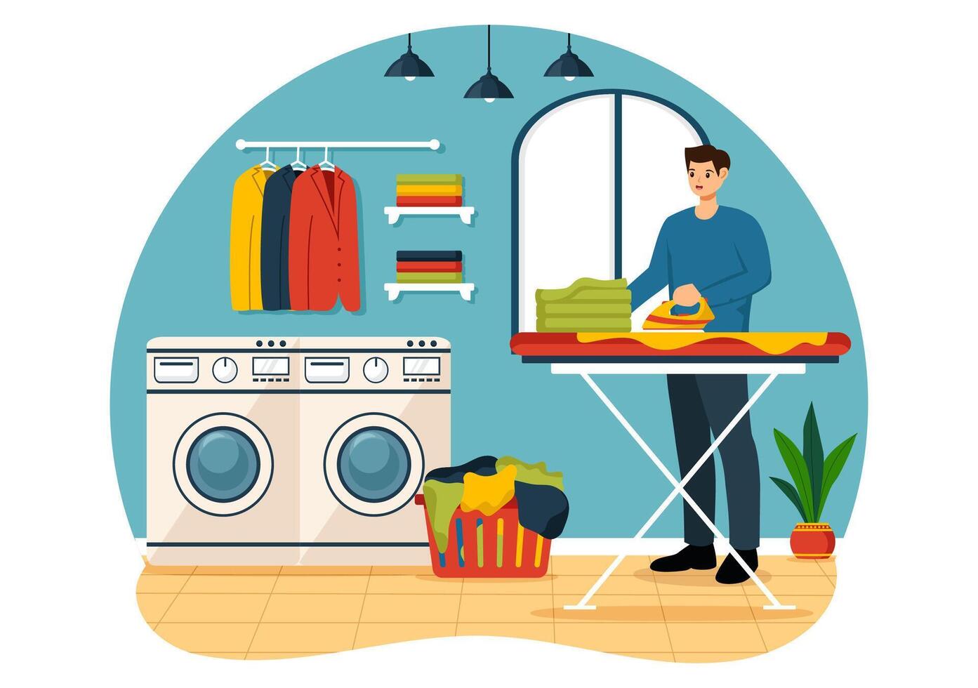seco limpieza Tienda Servicio ilustración con Lavado máquinas, secadoras y lavandería para limpiar ropa en plano dibujos animados antecedentes diseño vector