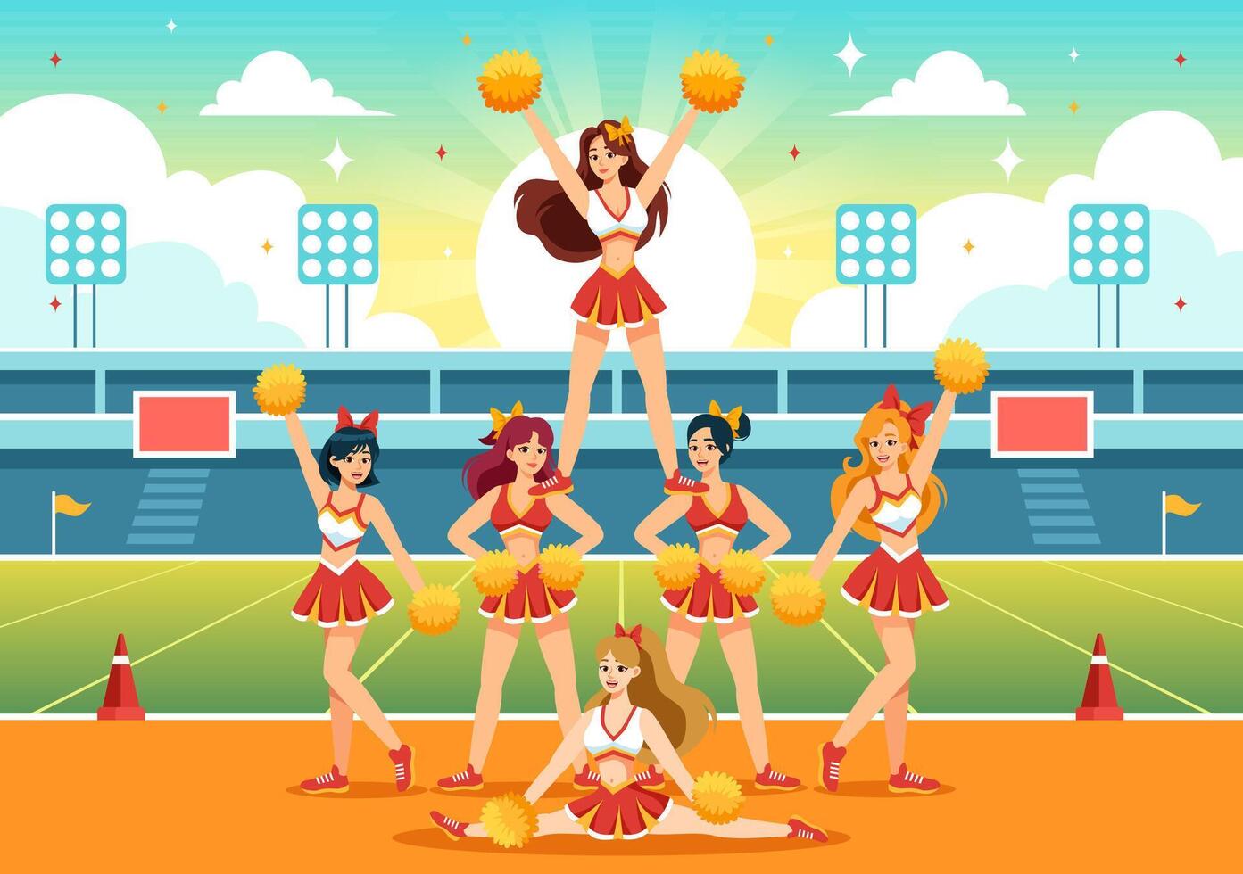 animador niña ilustración con animadoras pom pompones de bailando y saltando a apoyo equipo deporte durante competencia en plano antecedentes vector