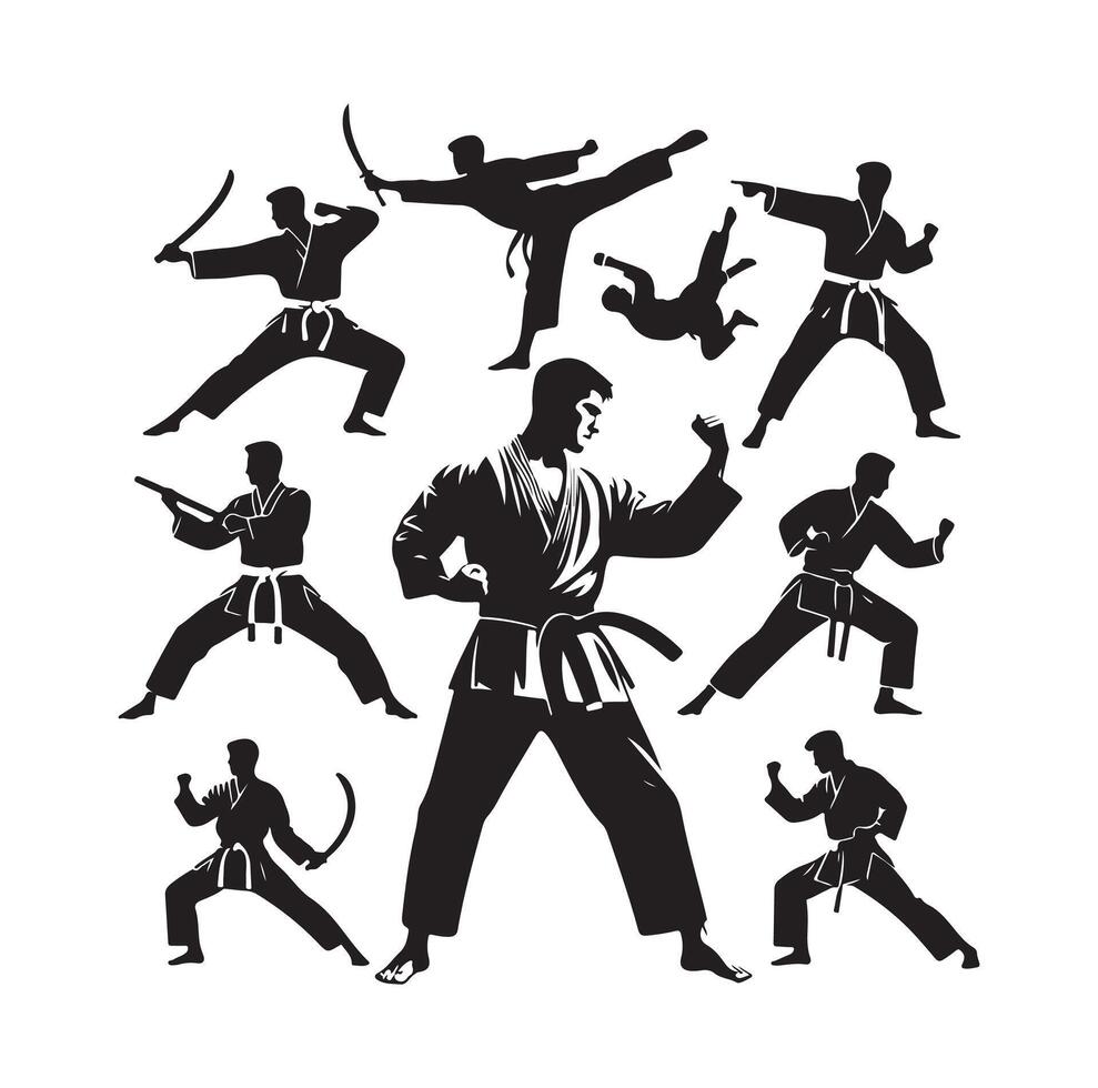 martial art or karate silhouettes illustration . Japan China traditional martial art. self-defense presentation symbols. body poses icons. Karate poses signs vector