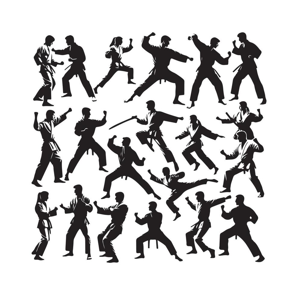 martial art or karate silhouettes illustration . Japan China traditional martial art. self-defense presentation symbols. body poses icons. Karate poses signs vector