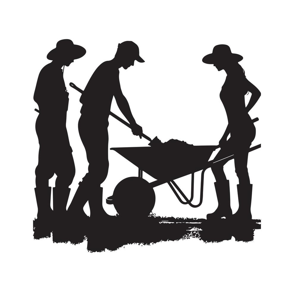 People using wheelbarrow, Construction worker pushing wheelbarrow silhouette, vector