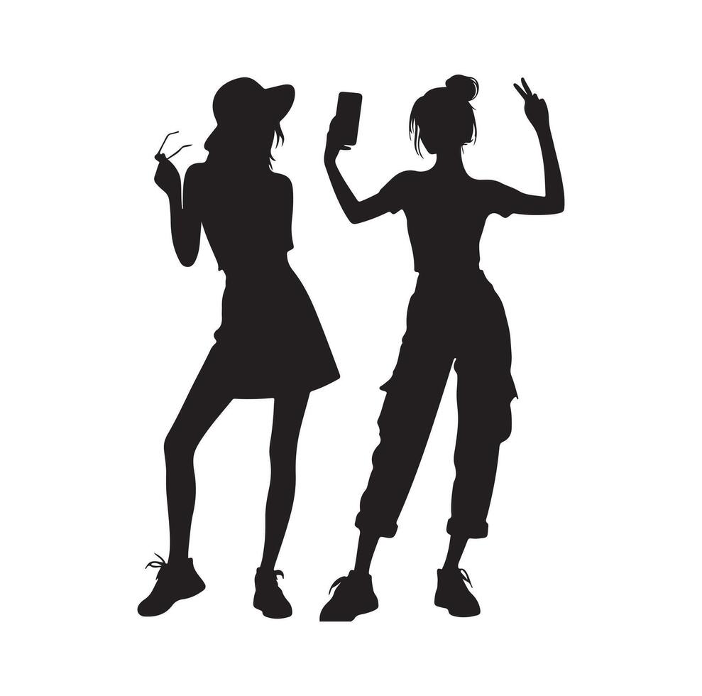 Women taking selfie pose. talking on mobile phone. Set of women taking selfie silhouette illustration. vector