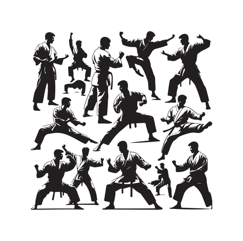 martial art or karate silhouettes illustration . Japan China traditional martial art. self-defense presentation symbols. body poses icons. Karate poses signs vector