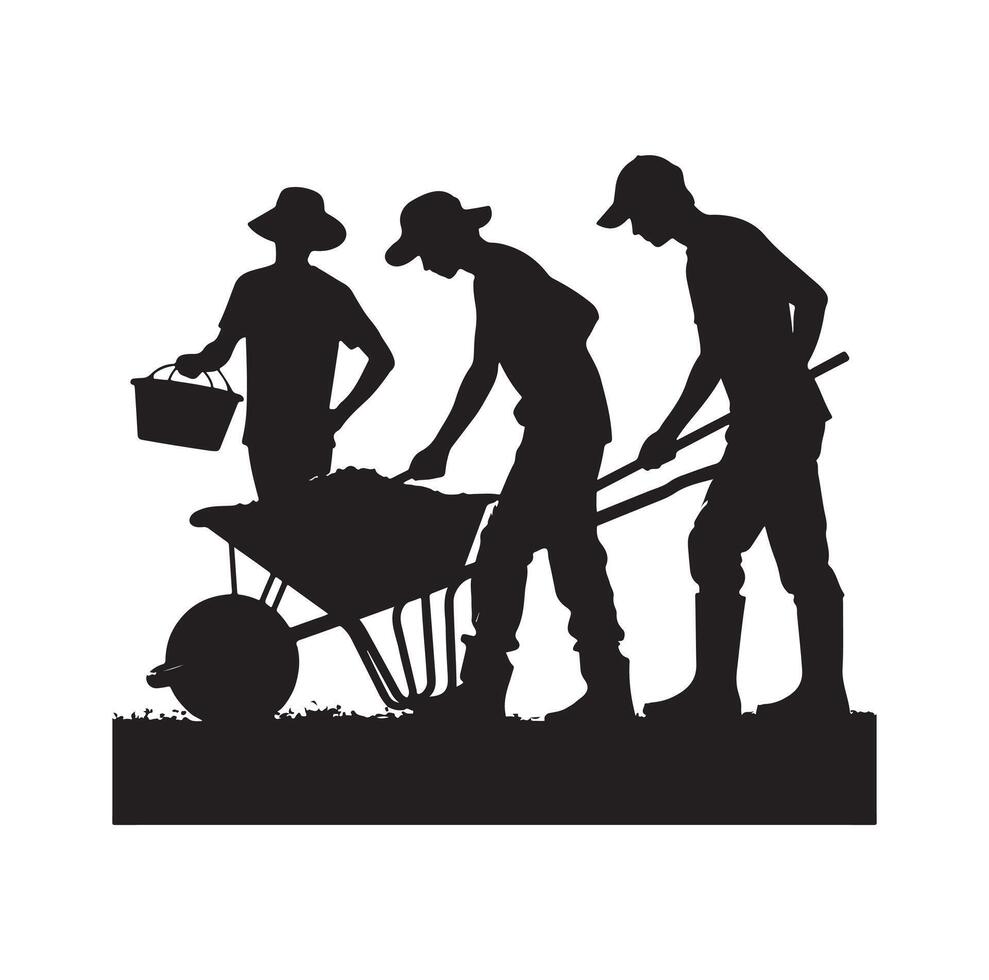 People using wheelbarrow, Construction worker pushing wheelbarrow silhouette, vector