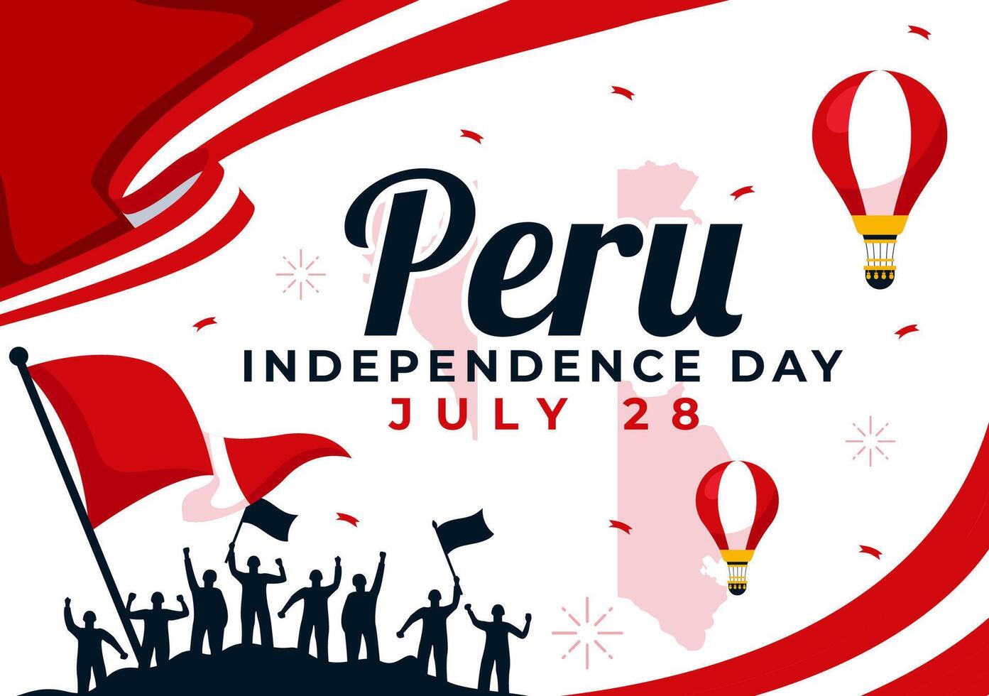 contento Perú independencia día ilustración en julio 28 con ondulación bandera y cinta en nacional fiesta plano dibujos animados antecedentes diseño vector