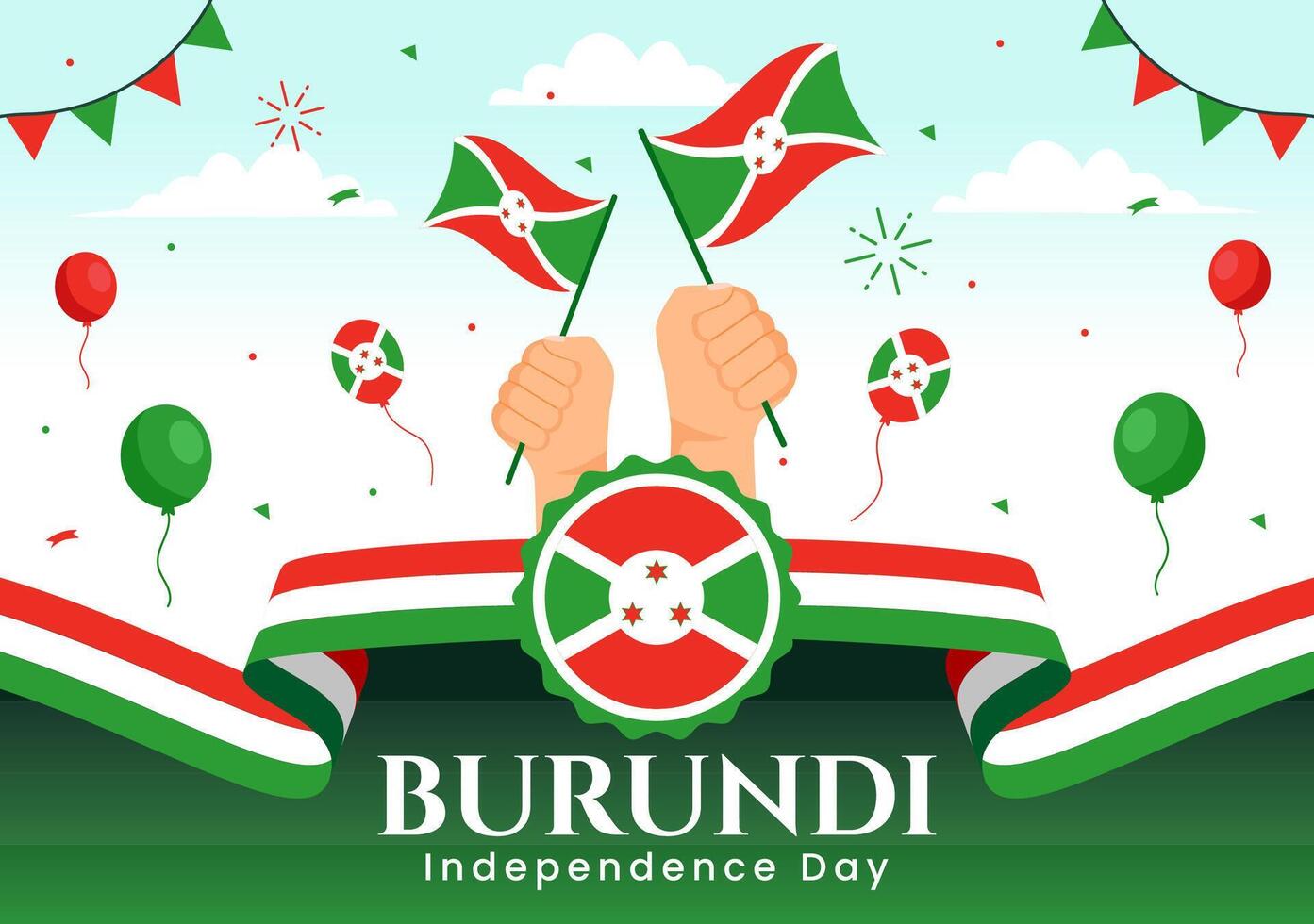 contento Burundi independencia día ilustración en 1 julio con ondulación bandera y cinta en nacional fiesta plano dibujos animados antecedentes vector