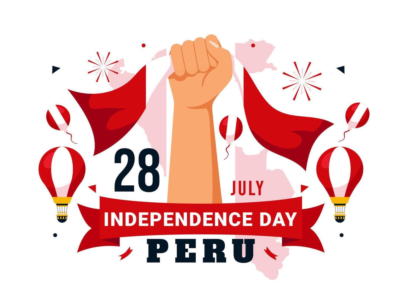 contento Perú independencia día ilustración en julio 28 con ondulación bandera y cinta en nacional fiesta plano dibujos animados antecedentes diseño vector