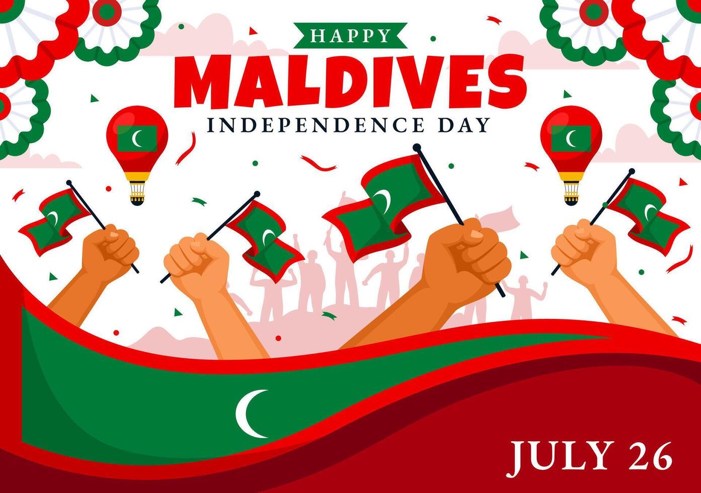 Happy Maldives Independence Day Illustration on 26 July with Maldivian Wavy Flag and Ribbon in Flat Cartoon Background Design vector