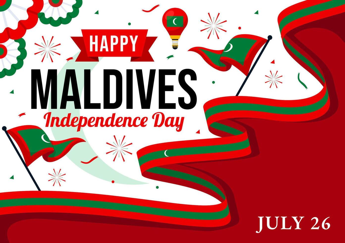 Happy Maldives Independence Day Illustration on 26 July with Maldivian Wavy Flag and Ribbon in Flat Cartoon Background Design vector